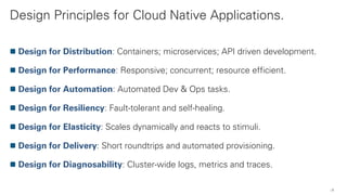 Design Principles for Cloud Native Applications.
8
Design for Distribution: Containers; microservices; API driven development.
Design for Performance: Responsive; concurrent; resource efficient.
Design for Automation: Automated Dev & Ops tasks.
Design for Resiliency: Fault-tolerant and self-healing.
Design for Elasticity: Scales dynamically and reacts to stimuli.
Design for Delivery: Short roundtrips and automated provisioning.
Design for Diagnosability: Cluster-wide logs, metrics and traces.
 