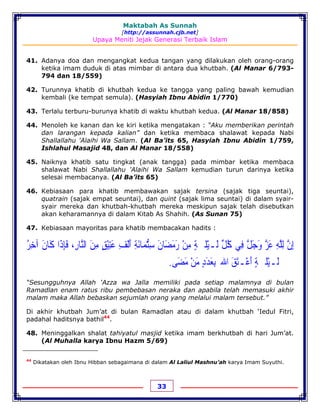 Maktabah As Sunnah
[http://assunnah.cjb.net]
Upaya Meniti Jejak Generasi Terbaik Islam
33
41. Adanya doa dan mengangkat kedua tangan yang dilakukan oleh orang-orang
ketika imam duduk di atas mimbar di antara dua khutbah. (Al Manar 6/793-
794 dan 18/559)
42. Turunnya khatib di khutbah kedua ke tangga yang paling bawah kemudian
kembali (ke tempat semula). (Hasyiah Ibnu Abidin 1/770)
43. Terlalu terburu-burunya khatib di waktu khutbah kedua. (Al Manar 18/858)
44. Menoleh ke kanan dan ke kiri ketika mengatakan : “Aku memberikan perintah
dan larangan kepada kalian” dan ketika membaca shalawat kepada Nabi
Shallallahu 'Alaihi Wa Sallam. (Al Ba’its 65, Hasyiah Ibnu Abidin 1/759,
Ishlahul Masajid 48, dan Al Manar 18/558)
45. Naiknya khatib satu tingkat (anak tangga) pada mimbar ketika membaca
shalawat Nabi Shallallahu 'Alaihi Wa Sallam kemudian turun darinya ketika
selesai membacanya. (Al Ba’its 65)
46. Kebiasaan para khatib membawakan sajak tersina (sajak tiga seuntai),
quatrain (sajak empat seuntai), dan quint (sajak lima seuntai) di dalam syair-
syair mereka dan khutbah-khutbah mereka meskipun sajak telah disebutkan
akan keharamannya di dalam Kitab As Shahih. (As Sunan 75)
47. Kebiasaan mayoritas para khatib membacakan hadits :
‫ﺇ‬ِ‫ﻥ‬‫ﱠ‬‫ﻟ‬ِ‫ﻠ‬‫ﱠ‬‫ﻪ‬ِ‫ﻋ‬َ‫ﺰ‬‫ﱠ‬‫ﻭ‬َ‫ﺟ‬َ‫ﻞ‬‫ﱠ‬‫ﻓ‬ِ‫ﻲ‬‫ﻛ‬ُ‫ﻞ‬‫ﱢ‬‫ﻟ‬‫َـ‬‫ﻴ‬ْ‫ﻠ‬‫ﹷ‬‫ﺔ‬ٍ‫ﻣ‬ِ‫ﻦ‬ْ‫ﺭ‬َ‫ﻣ‬َ‫ﻀ‬َ‫ﺎﻥ‬َ‫ﺳ‬ِ‫ﺘ‬‫ﱡ‬‫ﻤﺎﺋ‬َ‫ﺔ‬ِ‫ﺃ‬َ‫ﻟ‬ْ‫ﻒ‬ِ‫ﻋ‬َ‫ﺘ‬ِ‫ﻴ‬ْ‫ﻖ‬ٍ‫ﻣ‬ِ‫ﻦ‬َ‫ﺍﻟﻨ‬‫ﱠ‬‫ﺎﺭ‬ِ،‫ﻓ‬َ‫ﺈ‬ِ‫ﺫ‬َ‫ﺍ‬‫ﻛ‬َ‫ﺎﻥ‬َ‫ﺁﺧ‬ِ‫ﺮ‬ُ
‫ﻟ‬‫َـ‬‫ﻴ‬ْ‫ﻠﹷﺔ‬ٍ‫ﺃ‬َ‫ﻋ‬‫ْـ‬‫ﺘ‬َ‫ﻖ‬َ‫ﺍﷲ‬‫ﹸ‬‫ﺑ‬ِ‫ﻌ‬َ‫ﺪ‬َ‫ﺩ‬ٍ‫ﻣ‬َ‫ﻦ‬ْ‫ﻣ‬َ‫ﻀ‬َ‫ﻰ‬.
“Sesungguhnya Allah ‘Azza wa Jalla memiliki pada setiap malamnya di bulan
Ramadlan enam ratus ribu pembebasan neraka dan apabila telah memasuki akhir
malam maka Allah bebaskan sejumlah orang yang melalui malam tersebut.”
Di akhir khutbah Jum’at di bulan Ramadlan atau di dalam khutbah ‘Iedul Fitri,
padahal haditsnya bathil44
.
48. Meninggalkan shalat tahiyatul masjid ketika imam berkhutbah di hari Jum’at.
(Al Muhalla karya Ibnu Hazm 5/69)
44
Dikatakan oleh Ibnu Hibban sebagaimana di dalam Al Laliul Mashnu’ah karya Imam Suyuthi.
 