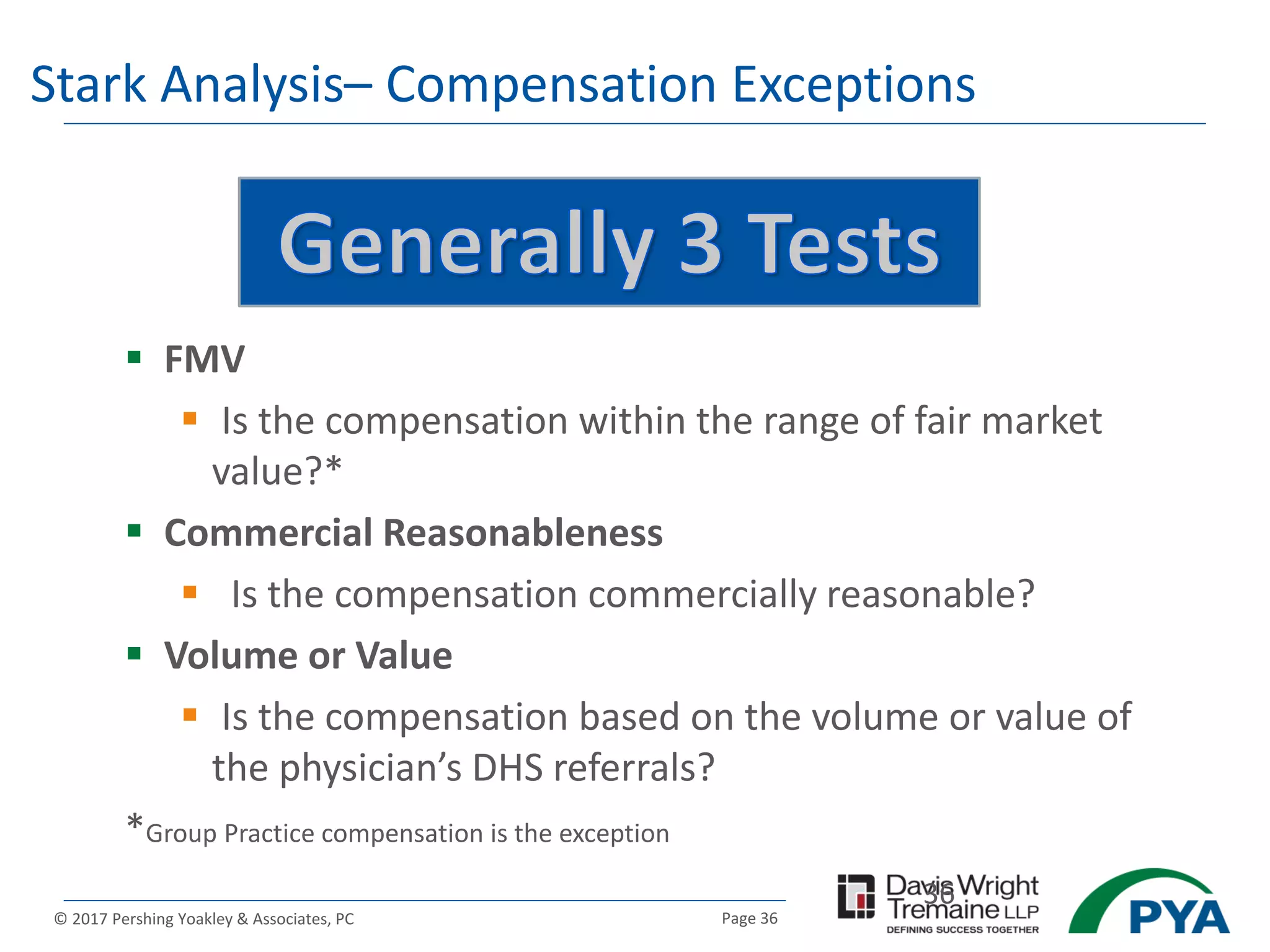 Page 36© 2017 Pershing Yoakley & Associates, PC
Stark Analysis– Compensation Exceptions
 FMV
 Is the compensation within the range of fair market
value?*
 Commercial Reasonableness
 Is the compensation commercially reasonable?
 Volume or Value
 Is the compensation based on the volume or value of
the physician’s DHS referrals?
*Group Practice compensation is the exception
36
 