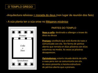 O TEMPLO GREGO
-Arquitectura relixiosa = morada do deus (non lugar de reunión dos fieis)
- A súa planta ten a súa orixe no Mégaron micénico
Naos o cella: destinada a albergar a imaxe do
deus ou deusa
PARTES DO TEMPLO
Pronaos: vestíbulo que está diante da naos e
comunicado con ela. Ten forma de pórtico
aberto que remata en dúas pilastras con dúas
columnas no medio. As veces as pilastras
desaparecen.
Opistodomos: estaría situado detrás de cella
o naos pero non se comunicaría con ela.
As veces presenta a mesma estructura
de pórtico aberto que a pronaos.
 