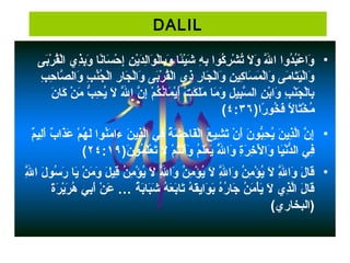 DALIL
•‫ب ى‬َ‫ ى‬‫ر‬ْ‫َب‬ ‫ق‬ُ‫ْر‬‫ل‬ْ‫َب‬‫ا‬ ‫ذ ي‬ِ‫ ي‬‫ب‬ِ‫ ي‬‫و‬َ‫ ى‬ ‫ن ا‬ً‫ا‬‫س ا‬َ‫ ى‬ ‫ح‬ْ‫َب‬ ‫إ‬ِ‫ ي‬ ‫ن‬ِ‫ ي‬ ‫ي‬ْ‫َب‬‫د‬َ‫ ى‬‫ل‬ِ‫ ي‬‫وا‬َ‫ ى‬ ‫ل‬ْ‫َب‬‫ب ا‬ِ‫ ي‬‫و‬َ‫ ى‬ ‫ئ ا‬ً‫ا‬‫ي‬ْ‫َب‬‫ش‬َ‫ ى‬ ‫ه‬ِ‫ ي‬ ‫ب‬ِ‫ ي‬ ‫كوا‬ُ‫ْر‬ ‫ر‬ِ‫ ي‬ ‫ش‬ْ‫َب‬ ‫ت‬ُ‫ْر‬ ‫ل‬َ‫ ى‬ ‫و‬َ‫ ى‬ ‫لل‬َّ‫ه‬َ‫ ى‬ ‫ا‬ ‫دوا‬ُ‫ْر‬‫ب‬ُ‫ْر‬‫ع‬ْ‫َب‬ ‫وا‬َ‫ ى‬
‫ب‬ِ‫ ي‬ ‫ح‬ِ‫ ي‬ ‫ص ا‬َّ‫ه‬ ‫وال‬َ‫ ى‬ ‫ب‬ِ‫ ي‬ ‫ن‬ُ‫ْر‬‫ج‬ُ‫ْر‬ ‫ل‬ْ‫َب‬‫ا‬ ‫ر‬ِ‫ ي‬ ‫ج ا‬َ‫ ى‬ ‫ل‬ْ‫َب‬‫وا‬َ‫ ى‬ ‫ب ى‬َ‫ ى‬‫ر‬ْ‫َب‬ ‫ق‬ُ‫ْر‬‫ل‬ْ‫َب‬‫ا‬ ‫ذ ي‬ِ‫ ي‬ ‫ر‬ِ‫ ي‬ ‫ج ا‬َ‫ ى‬ ‫ل‬ْ‫َب‬‫وا‬َ‫ ى‬ ‫ن‬ِ‫ ي‬ ‫كي‬ِ‫ ي‬ ‫س ا‬َ‫ ى‬ ‫م‬َ‫ ى‬ ‫ل‬ْ‫َب‬‫وا‬َ‫ ى‬ ‫م ى‬َ‫ ى‬ ‫ت ا‬َ‫ ى‬‫ي‬َ‫ ى‬‫ل‬ْ‫َب‬‫وا‬َ‫ ى‬
‫ن‬َ‫ ى‬ ‫ك ا‬َ‫ ى‬ ‫ن‬ْ‫َب‬ ‫م‬َ‫ ى‬ ‫ب‬ُّ  ‫ح‬ِ‫ ي‬ ‫ي‬ُ‫ْر‬ ‫ل‬َ‫ ى‬ ‫لل‬َّ‫ه‬َ‫ ى‬ ‫ا‬ ‫ن‬َّ‫ه‬ ‫إ‬ِ‫ ي‬ ‫م‬ْ‫َب‬ ‫ك‬ُ‫ْر‬ ‫ن‬ُ‫ْر‬‫م ا‬َ‫ ى‬ ‫ي‬ْ‫َب‬‫أ‬َ‫ ى‬ ‫ت‬ْ‫َب‬ ‫ك‬َ‫ ى‬ ‫ل‬َ‫ ى‬‫م‬َ‫ ى‬ ‫م ا‬َ‫ ى‬ ‫و‬َ‫ ى‬ ‫ل‬ِ‫ ي‬ ‫بي‬ِ‫ ي‬‫س‬َّ‫ه‬ ‫ال‬ ‫ن‬ِ‫ ي‬ ‫ب‬ْ‫َب‬‫وا‬َ‫ ى‬ ‫ب‬ِ‫ ي‬ ‫ن‬ْ‫َب‬‫ج‬َ‫ ى‬ ‫ل‬ْ‫َب‬‫ب ا‬ِ‫ ي‬
)‫را‬ً‫ا‬ ‫خو‬ُ‫ْر‬ ‫ف‬َ‫ ى‬ ‫ل‬ً‫ا‬ ‫ت ا‬َ‫ ى‬‫خ‬ْ‫َب‬ ‫م‬ُ‫ْر‬٤:۳٦(
•‫م‬ٌ ‫لي‬ِ‫ ي‬‫أ‬َ‫ ى‬ ‫ب‬ٌ  ‫ذا‬َ‫ ى‬‫ع‬َ‫ ى‬ ‫م‬ْ‫َب‬ ‫ه‬ُ‫ْر‬ ‫ل‬َ‫ ى‬ ‫نوا‬ُ‫ْر‬‫م‬َ‫ ى‬ ‫ءا‬َ‫ ى‬ ‫ن‬َ‫ ى‬ ‫ذي‬ِ‫ ي‬‫ل‬َّ‫ه‬‫ا‬ ‫ف ي‬ِ‫ ي‬ ‫ة‬ُ‫ْر‬ ‫ش‬َ‫ ى‬ ‫ح‬ِ‫ ي‬ ‫ف ا‬َ‫ ى‬‫ل‬ْ‫َب‬‫ا‬ ‫ع‬َ‫ ى‬ ‫شي‬ِ‫ ي‬ ‫ت‬َ‫ ى‬ ‫ن‬ْ‫َب‬ ‫أ‬َ‫ ى‬ ‫ن‬َ‫ ى‬ ‫بو‬ُّ ‫ح‬ِ‫ ي‬ ‫ي‬ُ‫ْر‬ ‫ن‬َ‫ ى‬ ‫ذي‬ِ‫ ي‬‫ل‬َّ‫ه‬‫ا‬ ‫ن‬َّ‫ه‬ ‫إ‬ِ‫ ي‬
)‫ن‬َ‫ ى‬ ‫مو‬ُ‫ْر‬ ‫ل‬َ‫ ى‬‫ع‬ْ‫َب‬ ‫ت‬َ‫ ى‬ ‫ل‬َ‫ ى‬ ‫م‬ْ‫َب‬ ‫ت‬ُ‫ْر‬‫ن‬ْ‫َب‬‫أ‬َ‫ ى‬‫و‬َ‫ ى‬ ‫م‬ُ‫ْر‬ ‫ل‬َ‫ ى‬‫ع‬ْ‫َب‬ ‫ي‬َ‫ ى‬ ‫لل‬َّ‫ه‬ُ‫ْر‬ ‫وا‬َ‫ ى‬ ‫ة‬ِ‫ ي‬‫ر‬َ‫ ى‬ ‫خ‬ِ‫ ي‬ ‫ل‬ْ‫َب‬ ‫وا‬َ‫ ى‬ ‫ي ا‬َ‫ ى‬‫ن‬ْ‫َب‬‫د‬ُّ ‫ال‬ ‫ف ي‬ِ‫ ي‬۲٤:١٩(
•‫لل‬َّ‫ه‬ِ‫ ي‬ ‫ا‬ ‫ل‬َ‫ ى‬ ‫سو‬ُ‫ْر‬ ‫ر‬َ‫ ى‬ ‫ي ا‬َ‫ ى‬ ‫ن‬ْ‫َب‬ ‫م‬َ‫ ى‬ ‫و‬َ‫ ى‬ ‫ل‬َ‫ ى‬ ‫قي‬ِ‫ ي‬ ‫ن‬ُ‫ْر‬ ‫م‬ِ‫ ي‬ ‫ؤ‬ْ‫َب‬ ‫ي‬ُ‫ْر‬ ‫ل‬َ‫ ى‬ ‫لل‬َّ‫ه‬ِ‫ ي‬ ‫وا‬َ‫ ى‬ ‫ن‬ُ‫ْر‬ ‫م‬ِ‫ ي‬ ‫ؤ‬ْ‫َب‬ ‫ي‬ُ‫ْر‬ ‫ل‬َ‫ ى‬ ‫لل‬َّ‫ه‬ِ‫ ي‬ ‫وا‬َ‫ ى‬ ‫ن‬ُ‫ْر‬ ‫م‬ِ‫ ي‬ ‫ؤ‬ْ‫َب‬ ‫ي‬ُ‫ْر‬ ‫ل‬َ‫ ى‬ ‫لل‬َّ‫ه‬ِ‫ ي‬ ‫وا‬َ‫ ى‬ ‫ل‬َ‫ ى‬ ‫ق ا‬َ‫ ى‬
‫ة‬َ‫ ى‬‫ر‬َ‫ ى‬ ‫ي‬ْ‫َب‬‫ر‬َ‫ ى‬ ‫ه‬ُ‫ْر‬ ‫ب ي‬ِ‫ ي‬‫أ‬َ‫ ى‬ ‫ن‬ْ‫َب‬ ‫ع‬َ‫ ى‬ … ‫ة‬ُ‫ْر‬ ‫ب‬َ‫ ى‬‫ب ا‬َ‫ ى‬‫ش‬َ‫ ى‬ ‫ه‬ُ‫ْر‬ ‫ع‬َ‫ ى‬ ‫ب‬َ‫ ى‬‫ت ا‬َ‫ ى‬ ‫ه‬ُ‫ْر‬ ‫ق‬َ‫ ى‬‫ي‬ِ‫ ي‬‫وا‬َ‫ ى‬ ‫ب‬َ‫ ى‬ ‫ه‬ُ‫ْر‬‫ر‬ُ‫ْر‬ ‫ج ا‬َ‫ ى‬ ‫ن‬ُ‫ْر‬ ‫م‬َ‫ ى‬ ‫أ‬ْ‫َب‬‫ي‬َ‫ ى‬ ‫ل‬َ‫ ى‬ ‫ذ ي‬ِ‫ ي‬‫ل‬َّ‫ه‬‫ا‬ ‫ل‬َ‫ ى‬ ‫ق ا‬َ‫ ى‬
(‫)البخ ار ي‬
 