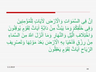2.2.2019
49
ٰ َ‫َل‬ ِ‫ض‬ ْ‫ر‬َ ْ‫اَل‬ َ‫و‬ ِ‫ت‬‫ا‬ َ‫و‬ ٰ‫م‬َّ‫س‬‫ال‬ ‫ى‬ِ‫ف‬ َّ‫ن‬ِ‫ا‬َ‫ين‬ٖ‫ن‬ِ‫م‬ْ‫ؤ‬ُ‫م‬ْ‫ل‬ِ‫ل‬ ٍ‫ت‬‫ا‬َ‫ي‬
َ‫د‬ ْ‫ن‬ِ‫م‬ ُّ‫ث‬ُ‫ب‬َ‫ي‬ ‫ا‬َ‫م‬ َ‫و‬ ْ‫م‬ُ‫ك‬ِ‫ق‬ْ‫َل‬‫خ‬ ‫ى‬ٖ‫ف‬ َ‫و‬ِ‫ق‬‫و‬ُ‫ي‬ ٍ‫م‬ ْ‫و‬َ‫ق‬ِ‫ل‬ ٌ‫ات‬َ‫ي‬ٰ‫ا‬ ٍ‫ة‬َّ‫ب‬‫ا‬َ‫ون‬ُ‫ن‬
‫ا‬َ‫م‬ َ‫و‬ ِ‫ار‬َ‫ه‬َّ‫ن‬‫ال‬ َ‫و‬ ِ‫ل‬ْ‫ي‬َّ‫ال‬ ِ‫ف‬ َ‫َل‬ِ‫ت‬ْ‫اخ‬ َ‫و‬َّ‫س‬‫ال‬ َ‫ن‬ِ‫م‬ ُ ‫ه‬‫اّٰلل‬ َ‫ل‬َ‫ز‬ْ‫ن‬َ‫ا‬ِ‫اء‬َ‫م‬
َ‫ب‬ َ‫ض‬ ْ‫ر‬َ ْ‫اَل‬ ِ‫ه‬ِ‫ب‬ ‫ا‬َ‫ي‬ْ‫ح‬َ‫ا‬َ‫ف‬ ٍ‫ق‬ ْ‫ز‬ ِ‫ر‬ ْ‫ن‬ِ‫م‬ٖ‫ر‬ْ‫ص‬َ‫ت‬ َ‫و‬ ‫ا‬َ‫ه‬ِ‫ت‬ ْ‫و‬َ‫م‬ َ‫د‬ْ‫ع‬ِ‫يف‬
َ‫ون‬ُ‫ل‬ِ‫ق‬ْ‫ع‬َ‫ي‬ ٍ‫م‬ ْ‫و‬َ‫ق‬ِ‫ل‬ ٌ‫ات‬َ‫ي‬ٰ‫ا‬ ِ‫اح‬َ‫ي‬ ِ‫الر‬
 