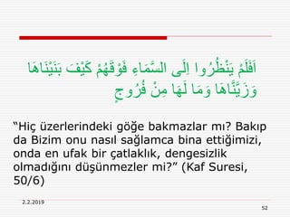 2.2.2019
52
“Hiç üzerlerindeki göğe bakmazlar mı? Bakıp
da Bizim onu nasıl sağlamca bina ettiğimizi,
onda en ufak bir çatlaklık, dengesizlik
olmadığını düşünmezler mi?” (Kaf Suresi,
50/6)
ِ‫اء‬َ‫م‬َّ‫س‬‫ال‬ ‫ى‬َ‫ل‬ِ‫ا‬ ‫وا‬ُ‫ر‬ُ‫ظ‬ْ‫ن‬َ‫ي‬ ْ‫م‬َ‫ل‬َ‫ف‬َ‫ا‬ْ‫ي‬َ‫ن‬َ‫ب‬ َ‫ْف‬‫ي‬َ‫ك‬ ْ‫م‬ُ‫ه‬َ‫ق‬ ْ‫و‬َ‫ف‬‫ا‬َِ‫َا‬‫ن‬
ٍ‫وج‬ُ‫ر‬ُ‫ف‬ ْ‫ن‬ِ‫م‬ ‫ا‬َ‫ه‬َ‫ل‬ ‫ا‬َ‫م‬ َ‫و‬ ‫ا‬َِ‫ا‬َّ‫ن‬َّ‫ي‬َ‫ز‬ َ‫و‬
 