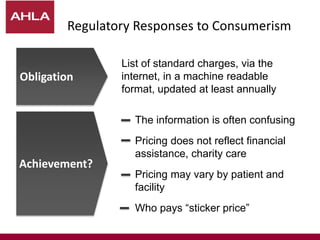 Obligation
Regulatory Responses to Consumerism
Achievement?
List of standard charges, via the
internet, in a machine readable
format, updated at least annually
The information is often confusing
Pricing does not reflect financial
assistance, charity care
Pricing may vary by patient and
facility
Who pays “sticker price”
 