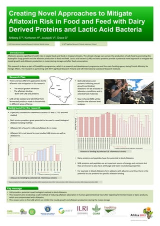 Creating Novel Approaches to Mitigate
Aflatoxin Risk in Food and Feed with Dairy
Derived Proteins and Lactic Acid Bacteria
Ahlberg S1.2, Korhonen H2, Joutsjoki V2, Grace D1
Research Plan
Introduction
Background for the research
Key message
Aflatoxins possess significant health risks in staple foods and feeds in tropical climates. The climate change can worsen the production of safe food by promoting the
Aspergillus fungi growth and the aflatoxin production in food and feed. Lactic acid bacteria (LAB) and dairy proteins provide a potential novel approach to mitigate the
mould growth and aflatoxin production in maize during storage and after food consumption.
This research is done as part of FoodAfrica programme, which is a research and development programme and the main funding agency being Finnish Ministry for
Foreign Affairs. The research is partnering with MTT Agrifood Research Finland and ILRI International Livestock Research Institute.
• Especially Lactobacillus rhamnosus strains GG and LC-705 are well
studied
• Both strains provide a great potential to be used in novel biological
aflatoxin binding method
• Aflatoxin M1 is found in milk and aflatoxin B1 in maize
• Aflatoxin M1 is not bound to most studied LAB strains as well as
aflatoxin B1
• LAB provide a potential novel biological method to bind aflatoxins
• This research aims to develop a safe method of reducing aflatoxin absorption in human gastrointestinal tract after ingesting fermented maize or dairy products,
which are contaminated with aflatoxins
• This researc aims to find LAB which can inhibit the mould growth and aflatoxin production during the maize storage
Grand-Bassam, Côte d'Ivoire from 1 to 3 October 2013
Map modified from: worldatlas.com
Aflatoxin M1 binding by selected Lb. rhamnosus strains
• There are two different approaches to the
aflatoxin risks mitigation in this research
• The mould growth inhibition
• The aflatoxin binding
- Both with LAB and proteins
• LAB will be isolated and identified from
fermented products made in households
in different areas of Kenya
1. ILRI International Livestock Research Institute, Nairobi, Kenya 2. MTT Agrifood Research Finland, Jokioinen, Finland
• Both LAB strains and
proteins inhibiting mould
growth and binding
aflatoxins will be analyzed in
laboratory conditions and in
selected food materials
• Near Infrared (NIR) will be
used for the aflatoxin level
analyses
Aflatoxin B1 binding by selected Lb. rhamnosus strains
• Dairy proteins and peptides have the potential to bind aflatoxins
• Milk proteins and peptides are an important source of energy and nutrients but
they are known to also have antifungal and toxin neutralizing properties
• For example in blood aflatoxins form adducts with albumins and thus there is the
potential to use proteins for specific aflatoxin binding
0
10
20
30
40
50
60
70
80
90
100
*Lb.rhamnosusLC-705DSM7061
*Lb.rhamnosusLC-705DSM7061
*Lb.rhamnosusLC-705DSM7061
*Lb.rhamnosusLC-705DSM7061
*Lb.rhamnosusLC-705DSM7061
*Lb.rhamnosusLC-705DSM7061
*Lb.rhamnosusLC-705DSM7061
*Lb.rhamnosusLC-705DSM7061
*Lb.rhamnosusLC-705DSM7061
*Lb.rhamnosusLC-705DSM7061
*Lb.rhamnosusLC-705DSM7061
*Lb.rhamnosusLC-705DSM7061
Lb.rhamnosusLC-705DSM7061
Lb.rhamnosusLC-705DSM7061
Lb.rhamnosusLC-705DSM7061
Lb.rhamnosusLC-705DSM7061
Lb.rhamnosusLC-705DSM7061
Lb.rhamnosusLC-705DSM7061
Lb.rhamnosusLC-705
Lb.rhamnosusGG
Lb.rhamnosusGG
Lb.rhamnosusGG
Lb.rhamnosusGG
Lb.rhamnosusGG
Lb.rhamnosusGG
Lb.rhamnosusGG
Lb.rhamnosusGG
Lb.rhamnosusGG
Lb.rhamnosusGG
Lb.rhamnosusGG
Lb.rhamnosusGG
Lb.rhamnosusGG
Lb.rhamnosusGG
Lb.rhamnosusGG
Lb.rhamnosusGG
Lb.rhamnosusGG
Lb.rhamnosusGG
Lb.rhamnosusGG
Lb.rhamnosusGG
Lb.rhamnosusGG
AflatoxinB1binding%
Red = killed bacteria cells
* = variation in conditions (e.g. pH, temperature, concentration)
0
10
20
30
40
50
60
70
80
90
100
Lb.rhamnosusGGATCC5301328
Lb.rhamnosusGGATCC5301328
Lb.rhamnosusGGATCC5301328
Lb.rhamnosusGGATCC5301328
Lb.rhamnosusGGATCC5301328
Lb.rhamnosusGGATCC5301328
Lb.rhamnosusGGATCC5301328
Lb.rhamnosusGGATCC5301328
Lb.rhamnosusLC-70528
Lb.rhamnosusLC-70528
Lb.rhamnosusLC-70528
Lb.rhamnosusLC-70528
Lb.rhamnosusLC-70528
Lb.rhamnosusLC-70528
Lb.rhamnosusLC-70528
Lb.rhamnosusLC-70528
AflatoxinM1binding%
Red = killed bacteria cells Blue = dairy
matrix
* = variation in conditions (e.g. pH, temperature,
Figures compiled from studies by Pierides and others 2000, Haskard and others 2001, Turbic and others 2002, Halttunen and others 2008, Haskard and others 2000
 