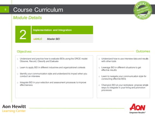 Objectives Outcomes
Module Details
Course Curriculum9
Implementation and Integration
2 Master BEI
o Understand and practice how to evaluate BEIs usingthe ORCE model:
Observe, Record, Classify and Evaluate
o Learn to apply BEI in different industries and organizational contexts
o Identify your communication style and understandits impact when you
conduct an interview
o Integrate BEI in your selection and assessment processes toimprove
effectiveness
o Understand how to use interview data and results
with other tools
o Leverage BEI in different situations to get
effective results
o Learn to navigate your communication style for
conducting effective BEIs
o Champion BEI at your workplace: propose simple
ways to integrate in your hiring and promotion
processes
eAHLC
 