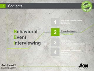 Contents5
1
2
3
4
Aon Hewitt Learning Center
Course Curriculum
AHLC Architects
Learn from our best consultants
Take the lead
Program Details
Our Promise
Behavioral
Event
Interviewing
Registration, Commercials,
Calendar
 