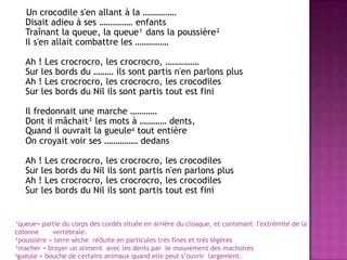 Un crocodile s'en allant à la ……………Disait adieu à ses …………… enfantsTraînant la queue, la queue¹ dans la poussière²Il s'en allait combattre les ……………Ah ! Les crocrocro, les crocrocro, ……………Sur les bords du ……… ils sont partis n'en parlons plusAh ! Les crocrocro, les crocrocro, les crocodilesSur les bords du Nil ils sont partis tout est finiIl fredonnait une marche …………Dont il mâchait³ les mots à ………… dents,Quand il ouvrait la gueule tout entièreOn croyait voir ses …………… dedansAh ! Les crocrocro, les crocrocro, les crocodilesSur les bords du Nil ils sont partis n'en parlons plusAh ! Les crocrocro, les crocrocro, les crocodilesSur les bords du Nil ils sont partis tout est fini¹queue= partie du corps des cordés située en arrière du cloaque, et contenant  l'extrémité de la colonnevertébrale.²poussière = terre sèche  réduite en particulestrès fines et très légéres³macher = broyer un aliment  avec les dents par  le mouvement des machoiresgueule = bouche de certains animaux quand elle peut s’ouvrir  largement.