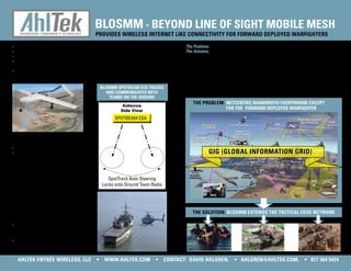 BLOSMM - BeyOnd Line Of Sight MOBiLe MeSh
                                                        proviDes Wireless inTerneT like ConneCTiviTy for forWArD DeployeD WArfighTers

» A Beyond Line of Sight (BLOS) data relay for voice, video and data                                     The Problem; Limited bandwidth for forward deployed warfighters.
» A unique capability to locate and track forward deployed teams, sensors or robots                      The Solution; BLOSMM, a communication payload for small UAV’s (Tier 1.5 - 3 including Fire Scout),
» A Tactical Edge Network (TEN) extension that connects teams with each other and their command          extends the tactical edge network and brings broadband communication to the troops who need
» Very low Size, Weight and Power (SWAP) designed for deployment on small Unmanned                       it most, the forward deployed warfighter. BLOSMM enables Internet like’ connectivity to the military’s
  Air Vehicles (UAVs)                                                                                    Global Information Grid (GIG).
» A flexible and timely capability, controlled by the local command to conduct more missions
  at lower cost, improve situational awareness and operational effectiveness, protect the                With BLOSMM aboard the UAV has the ability to locate and track forward deployed teams and set up
  warfighter and save lives                                                                              a broadband communication link between the teams and their command. This flexible, man-portable,
                                                                                                         low cost system can be launched quickly and covers up to 100 km2 in 10 min. BLOSMM is designed to
                                                            BLOSMM SpOtBeaM eSa trackS                   connect with low power radios ideal for the dismounted forward deployed warfighters (ie. without the
                                                              and cOMMunicateS with                      benefit of the high power radios on a HMMWV (Humvee))
                                                                teaMS On the grOund
                                                                                                             The problem: neTCenTriC bAnDWiDTh everyWhere exCepT
                                                                                                                          fOr the fOrward depLOyed warfighter

                                                                 SPOTBEAM ESA


BLOSMM is actually two independent
radio/antenna systems.
» An Air to Air system for long range links
» Air to Ground system to connect with low power                                                                       gig (gLOBaL infOrMatiOn grid)
  warfighter radios
The Air to Ground system is an electronically
steered SpotBeam ESA antenna controlled by a
SpotTrack technology enabled radio. Using a Spot-
Beam ESA increases the link gain and allows com-               SpotTrack Auto Steering
munication with low power radios on the ground. It          Locks onto Ground Team Radio
also preserves spectrum, a valuable commodity on
the battle field and prevents interference between
neighboring systems.

SpotBeam eSa advantages
» Focuses the signal to a spot on the ground and                                                             The soluTion: blosmm exTenDs The TACTiCAl eDge neTWork
  prevents interference with neighboring systems
» Provides a high gain Air to Ground connection which
  increases range and improves communication with
  low power warfighter radios
» Supports locating and tracking teams, robots and
  sensors when integrated with the SpotTrack radio
  technology

   AhlTek enTrée Wireless, llC                          •    WWW.AhlTek.Com               •       ConTACT: DAviD Ahlgren,               • Ahlgren@AhlTek.Com,                         • 877 364 5424
 