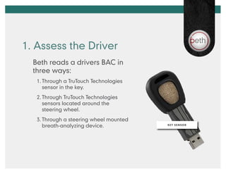 1. Assess the Driver
  Beth reads a drivers BAC in
  three ways:
   1.	Through a TruTouch Technologies
      sensor in the key.
   2.	Through TruTouch Technologies
      sensors located around the
      steering wheel.
   3.	Through a steering wheel mounted
      breath-analyzing device.           KEY SENSOR
 
