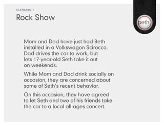 SCENARIO 1


Rock Show


    Mom and Dad have just had Beth
    installed in a Volkswagon Scirocco.
    Dad drives the car to work, but
    lets 17-year-old Seth take it out
    on weekends.
    While Mom and Dad drink socially on
    occasion, they are concerned about
    some of Seth’s recent behavior.
    On this occasion, they have agreed
    to let Seth and two of his friends take
    the car to a local all-ages concert.
 