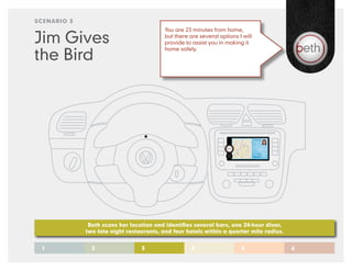 SCENARIO 3
                                          You are 23 minutes from home,

Jim Gives                                 but there are several options I will
                                          provide to assist you in making it

the Bird
                                          home safely.




              Beth scans her location and identifies several bars, one 24-hour diner,
             two late night restaurants, and four hotels within a quarter mile radius.


 1             2                 3                   4                   5               6
 