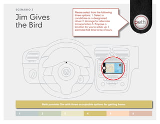 SCENARIO 3
                                      Please select from the following

Jim Gives                             three options: 1. Select a
                                      candidate as a designated
                                      driver 2. Arrange for alternate

the Bird                              transportation 3. Propose a
                                      location for you to sober up. I
                                      estimate that time to be 6 hours.




             Beth provides Jim with three acceptable options for getting home.


 1           2                3                 4                   5            6
 