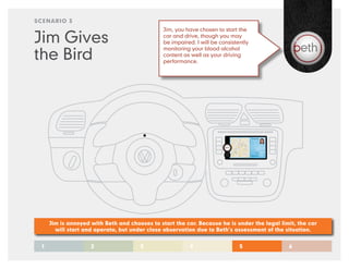 SCENARIO 3
                                               Jim, you have chosen to start the

Jim Gives                                      car and drive, though you may
                                               be impaired. I will be consistently

the Bird
                                               monitoring your blood alcohol
                                               content as well as your driving
                                               performance.




     Jim is annoyed with Beth and chooses to start the car. Because he is under the legal limit, the car
       will start and operate, but under close observation due to Beth’s assessment of the situation.


 1                  2                 3                  4                    5              6
 