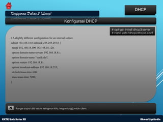 DHCP
      Konfigurasi Debian 5 (Lenny)
                                                         Konfigurasi DHCP
                                                                                  # apt-get install dhcp3-server
                                                                                  # nano /etc/dhcp/dhcpd.conf
      # A slightly different configuration for an internal subnet.
      subnet 192.168.18.0 netmask 255.255.255.0 {
          range 192.168.18.100 192.168.18.120;
          option domain-name-servers 192.168.18.81;
          option domain-name “syaif.edu";
          option routers 192.168.18.81;
          option broadcast-address 192.168.18.255;
          default-lease-time 600;
          max-lease-time 7200;
      }




     N       Range dapat diisi sesuai keinginan kita, tergantung jumlah client.



KKTKJ Smk Kelas XII                                                                                   Ahmad Syaifudin
 