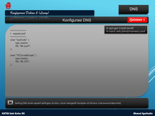 DNS
      Konfigurasi Debian 5 (Lenny)
                                                      Konfigurasi DNS                                          Halaman 1

                                                                                              # apt-get install bind9
      ===========                                                                             # nano /etc/bind/named.conf
      • named.conf
      ===========
      zone "syaif.edu" {
          type master;
          file "db.syaif";
      };

      zone "192.in-addr.arpa" {
          type master;
          file "db.192";
      };




     N    Setting DNS anda seperti settingan di atas, untuk mengedit tampilan di (#nano /var/www/index.html)



KKTKJ Smk Kelas XII                                                                                              Ahmad Syaifudin
 