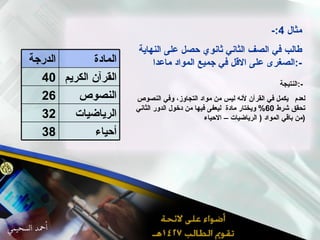 مثال  4:- طالب في الصف الثاني ثانوي حصل على النهاية الصغرى على الاقل في جميع المواد ماعدا  :- النتيجة  :-  يكمل في القرآن لأنه ليس من مواد التجاوز، وفي النصوص  لعدم تحقق شرط  60%  ويختار مادة  ليعفى فيها من دخول الدور الثاني  من باقي المواد  (  الرياضيات – الاحياء  ) الرياضيات 32 أحياء 38 النصوص 26 القرآن الكريم 40 المادة  الدرجة 