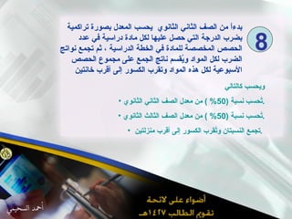 بدءاً من الصف الثاني الثانوي  يحسب المعدل بصورة تراكمية بضرب الدرجة التي حصل عليها لكل مادة دراسية في عدد الحصص المخصصة للمادة في الخطة الدراسية ، ثم تجمع نواتج الضرب لكل المواد ويُقسم ناتج الجمع على مجموع الحصص الأسبوعية لكل هذه المواد وتقرب الكسور إلى أقرب خانتين  ويحسب كالتالي  تُحسب نسبة  (50% )  من معدل الصف الثاني الثانوي . تُحسب نسبة  (50% )  من معدل الصف الثالث الثانوي . تجمع النسبتان وتُقرب الكسور إلى أقرب منزلتين  .   8 