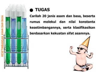 KESETIMBANGAN ASAM DAN BASA    TUGAS  Carilah 20 jenis asam dan basa, beserta rumus molekul dan nilai konstanta kesetimbangannya, serta klasifikasikan berdasarkan kekuatan sifat asamnya. 