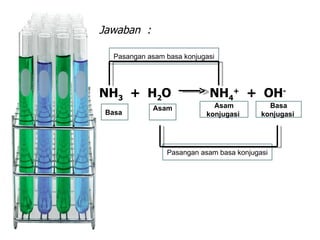 Pasangan asam basa konjugasi Pasangan asam basa konjugasi Jawaban  : NH 3   +  H 2 O    NH 4 +   +  OH - Basa  Asam  Basa konjugasi  Asam konjugasi  