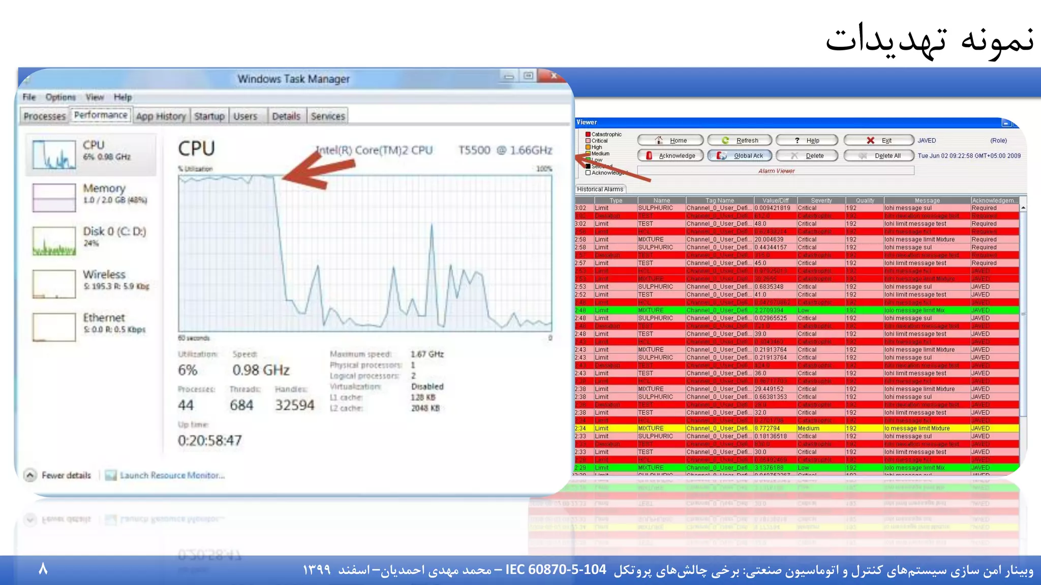 ‫سیستم‬ ‫سازی‬ ‫امن‬ ‫وبینار‬
‫صنعتی‬ ‫اتوماسیون‬ ‫و‬ ‫کنترل‬ ‫های‬
:
‫چالش‬ ‫برخی‬
‫پروتکل‬ ‫های‬
IEC 60870-5-104
–
‫احمدیان‬ ‫مهدی‬ ‫محمد‬
–
‫اسفند‬
1399
‫تهدیدات‬ ‫نمونه‬
8
 