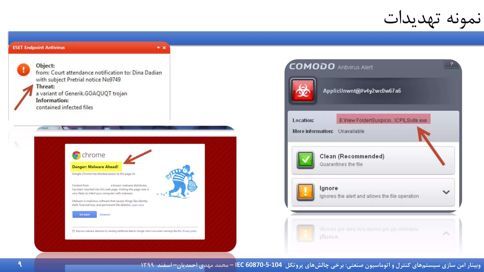 ‫سیستم‬ ‫سازی‬ ‫امن‬ ‫وبینار‬
‫صنعتی‬ ‫اتوماسیون‬ ‫و‬ ‫کنترل‬ ‫های‬
:
‫چالش‬ ‫برخی‬
‫پروتکل‬ ‫های‬
IEC 60870-5-104
–
‫احمدیان‬ ‫مهدی‬ ‫محمد‬
–
‫اسفند‬
1399
‫تهدیدات‬ ‫نمونه‬
9
 