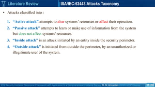 ICS Security Incidents Taxonomic Framework with Application to a Comprehensive Incidents Survey| M. M. Ahmadian ©2020 IJCIP Elsevier /59
Literature Review ISA/IEC-62443 Attacks Taxonomy
‫سد‬ ‫شکستن‬
St. Louis
(2005)
• Attacks classified into :
1. “Active attack” attempts to alter systems’ resources or affect their operation.
2. “Passive attack” attempts to learn or make use of information from the system
but does not affect systems’ resources.
3. “Inside attack” is an attack initiated by an entity inside the security perimeter.
4. “Outside attack” is initiated from outside the perimeter, by an unauthorized or
illegitimate user of the system.
15
 