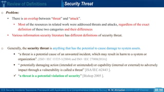 ICS Security Incidents Taxonomic Framework with Application to a Comprehensive Incidents Survey| M. M. Ahmadian ©2020 IJCIP Elsevier /59
o Problem:
• There is an overlap between “threat” and “attack”.
• Most of the resources in related work were addressed threats and attacks, regardless of the exact
definition of these two categories and their differences
• Various information security literature has different definitions of security threat.
Review of Definitions Security Threat
o Generally, the security threat is anything that has the potential to cause damage to system assets.
 “a threat is a potential cause of an unwanted incident, which may result in harm to a system or
organization”. [ISO / IEC 13335-1(2004) and ISO / IEC 27000(2016)]
 “ potentially damaging action (intended or unintended) or capability (internal or external) to adversely
impact through a vulnerability is called a threat” [ISA/IEC-62443 ].
 “a threat is a potential violation of security” [Bishop 2005 ].
22
 