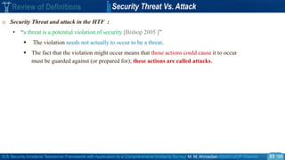 ICS Security Incidents Taxonomic Framework with Application to a Comprehensive Incidents Survey| M. M. Ahmadian ©2020 IJCIP Elsevier /59
Review of Definitions Security Threat Vs. Attack
o Security Threat and attack in the HTF :
• “a threat is a potential violation of security [Bishop 2005 ]”
 The violation needs not actually to occur to be a threat.
 The fact that the violation might occur means that those actions could cause it to occur
must be guarded against (or prepared for); these actions are called attacks.
23
 