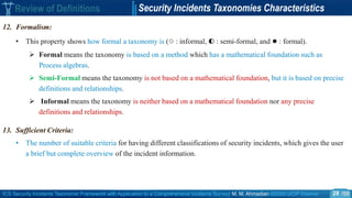 ICS Security Incidents Taxonomic Framework with Application to a Comprehensive Incidents Survey| M. M. Ahmadian ©2020 IJCIP Elsevier /59
Review of Definitions Security Incidents Taxonomies Characteristics
12. Formalism:
• This property shows how formal a taxonomy is (○ : informal, ◐ : semi-formal, and ● : formal).
 Formal means the taxonomy is based on a method which has a mathematical foundation such as
Process algebras.
 Semi-Formal means the taxonomy is not based on a mathematical foundation, but it is based on precise
definitions and relationships.
 Informal means the taxonomy is neither based on a mathematical foundation nor any precise
definitions and relationships.
13. Sufficient Criteria:
• The number of suitable criteria for having different classifications of security incidents, which gives the user
a brief but complete overview of the incident information.
28
 