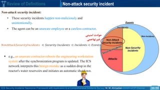 ICS Security Incidents Taxonomic Framework with Application to a Comprehensive Incidents Survey| M. M. Ahmadian ©2020 IJCIP Elsevier /59
Review of Definitions Non-attack security incident
36
Non-attack security incident:
• These security incidents happen non-maliciously and
unintentionally.
• The agent can be an unaware employee or a careless contractor.
 e.g., an unaware contractor reboots the engineering workstation
system after the synchronization program is updated. The ICS
network interprets this benign mistake as a sudden drop in the
reactor's water reservoirs and initiates an automatic shutdown.
𝑁𝑜𝑛𝐴𝑡𝑡𝑎𝑐𝑘𝑆𝑒𝑐𝑢𝑟𝑖𝑡𝑦𝐼𝑛𝑐𝑖𝑑𝑒𝑛𝑡𝑠 ⊂ 𝑆𝑒𝑐𝑢𝑟𝑖𝑡𝑦 𝐼𝑛𝑐𝑖𝑑𝑒𝑛𝑡𝑠 ⊂ 𝐼𝑛𝑐𝑖𝑑𝑒𝑛𝑡𝑠 ⊂ 𝐸𝑣𝑒𝑛𝑡𝑠
‫امنیتی‬ ‫حوادث‬
‫غیرتهاجمی‬
 