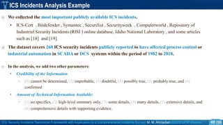 ICS Security Incidents Taxonomic Framework with Application to a Comprehensive Incidents Survey| M. M. Ahmadian ©2020 IJCIP Elsevier /59
ICS Incidents Analysis Example
o We collected the most important publicly available ICS incidents.
• ICS-Cert , Bitdefender , Symantec , Securelist , Securityweek , Computerworld , Repository of
Industrial Security Incidents (RISI ) online database, Idaho National Laboratory , and some articles
such as [18] and [19].
o The dataset covers 268 ICS security incidents publicly reported to have affected process control or
industrial automation in SCADA or DCS systems within the period of 1982 to 2018.
o In the analysis, we add two other parameters:
• Credibility of the Information
• (1) cannot be determined, (2) improbable, (3) doubtful, (4) possibly true, (5) probably true, and (6)
confirmed
• Amount of Technical Information Available:
• (1) no specifics, (2) high-level summary only, (3) some details, (4) many details, (5) extensive details, and
(6) comprehensive details with supporting evidence.
45
 