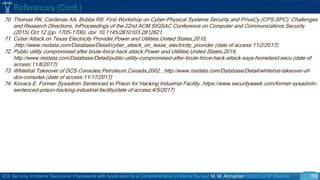 ICS Security Incidents Taxonomic Framework with Application to a Comprehensive Incidents Survey| M. M. Ahmadian ©2020 IJCIP Elsevier /59
70. Thomas RK, Cardenas AA, Bobba RB. First Workshop on Cyber-Physical Systems Security and PrivaCy (CPS-SPC): Challenges
and Research Directions, InProceedings of the 22nd ACM SIGSAC Conference on Computer and Communications Security
(2015) Oct 12 (pp. 1705-1706), doi: 10.1145/2810103.2812621.
71. Cyber Attack on Texas Electricity Provider,Power and Utilities,United States,2010,
,http://www.risidata.com/Database/Detail/cyber_attack_on_texas_electricity_provider (date of access:11/2/2017)
72. Public utility compromised after brute-force hack attack,Power and Utilities,United States,2014,
http://www.risidata.com/Database/Detail/public-utility-compromised-after-brute-force-hack-attack-says-homeland-secu (date of
access:11/8/2017)
73. Whitehat Takeover of DCS Consoles,Petroleum,Canada,2002, ,http://www.risidata.com/Database/Detail/whitehat-takeover-of-
dcs-consoles (date of access:11/17/2017)
74. Kovacs E. Former Sysadmin Sentenced to Prison for Hacking Industrial Facility ,https://www.securityweek.com/former-sysadmin-
sentenced-prison-hacking-industrial-facility(date of access:4/5/2017)
References (Cont.)
 