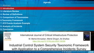 ICS Security Incidents Taxonomic Framework with Application to a Comprehensive Incidents Survey| M. M. Ahmadian ©2020 IJCIP Elsevier /59
Agenda
1. Abstract
2. Introduction
3. Literature Review
4. Review of Definitions
5. Comparison of Taxonomies
6.Taxonomy Framework
7. ICS Events Analysis Example
8. Analysis of Incidents
9. Conclusion
Industrial Control System Security Taxonomic Framework
with Application to a Comprehensive Incidents Survey
International Journal of Critical Infrastructure Protection
M. Mehdi Ahmadian, Mehdi Shajari, Ali Shafiee
https://doi.org/10.1016/j.ijcip.2020.100356
8
 