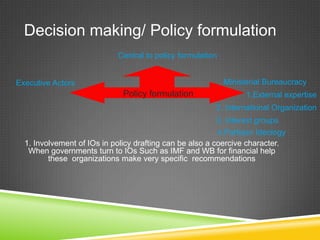 Decision making/ Policy formulation
Policy formulation
Central to policy formulation
Executive Actors Ministerial Bureaucracy
1.External expertise
2. International Organization
3. Interest groups
4.Partisan Ideology
1. Involvement of IOs in policy drafting can be also a coercive character.
When governments turn to IOs Such as IMF and WB for financial help
these organizations make very specific recommendations
 