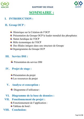 RAPPORT DE STAGE
Page 5 of 43
SOMMAIRE :
I. INTRODUCTION :
II. Group OCP :
Historique sur la Création de l’OCP
Présentation du Groupe OCP le leader mondial des phosphates
Statut Juridique de l’OCP
Rôle économique de l’OCP
Des filiales intègres dans une structure de Groupe
Organigramme du Groupe OCP
III. Service DSI :
Présentation du service DSI
IV. Projet de stage :
Présentation du projet
Les ressources de projet
V. Analyse et conception :
Diagramme d’utilisateur :
VI. Diagramme de la base de données :
VII. Fonctionnement du projet :
Fonctionnement de l’application :
Tableau de bord :
VIII. Conclusion:
 