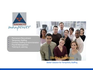 • Permanent Recruitment
• Temporary Staffing
• Contract Staffing & Administration
• Payroll Management
• Training & Learning
Staffing Solutions
Better Solution for Temporary Staffing
 