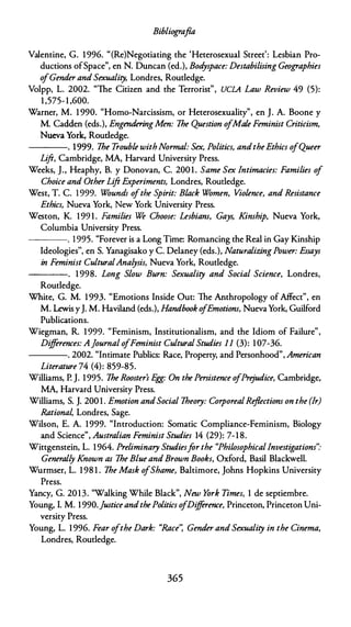 Bibliografía
Valentine, G. 1996. "(Re)Negotiating the 'Heterosexual Street': Lesbian Pro­
ductions ofSpace", en N. Duncan (ed.), Bod
yspace: Destabilising Geographies
o
fGender and Sexuality, Londres, Routledge.
Volpp, L. 2002. "The Citizen and the Terrorist", UCLA Law Review 49 (5):
1 ,575- 1 ,600.
Warner, M. 1 990. "Homo-Narcissism, or Heterosexuality'', en J. A. Boone y
M. Cadden (eds.), EngenderingMen: 1he Question ofMale Feminist Criticism,
Nueva York, Routledge.
----. 1999. 1he Trouble withNormal: Sex, Politics, andtheEthics ofQueer
Lift, Cambridge, MA, Harvard University Press.
Weeks, J., Heaphy, B. y Donovan, C. 200 1 . Same Sex lntimacies: Families of
Choice and Other Lift Experiments, Londres, Routledge.
West, T. C. 1 999. Wounds ofthe Spirit: Black Women, Violence, and Resistance
Ethics, Nueva York, New York University Press.
Weston, K. 199 1 . Families We Choose: Lesbiam, Gays, Kinship, Nueva York,
Columbia University Press.
---- . 1 995. "Forever is a Long Time: Romancing the Real in Gay Kinship
Ideologies'', en S. Yanagisako y C. Delaney (eds.), NaturalizingPower: Essays
in Feminist CulturalAnalysis, Nueva York, Routledge.
---- . 1 998. Long Slow Burn: Sexuality and Social Science, Londres,
Routledge.
White, G. M. 1 993. "Emotions Inside Out: The Anthropology of Affect'', en
M. Lewis yJ. M. Haviland (eds.), Handbook o
fEmotiom, NuevaYork, Guilford
Publications.
Wiegman, R. 1 999. "Feminism, Institutionalism, and the Idiom of Failure'',
Differences: A]ournal ofFeminist Cultural Studies 11 (3): 1 07-36.
----. 2002. "Intimare Publics: Race, Property, and Personhood", American
Literature 74 (4): 859-85.
Williams, P. J. 1995. 1he Rooster's E
gg: On the Persistence ofPrejudice, Cambridge,
MA, Harvard University Press.
Williams, S. J. 200 1 . Emotion andSocial 1heory: CorporealReflections on the (Ir)
Rational, Londres, Sage.
Wilson, E. A. 1999. "Introduction: Somatic Compliance-Feminism, Biology
and Science", Australian Feminist Studies 14 (29): 7-1 8.
Wittgenstein, L. 1964. Preliminary Studiesfar the "Philosophicallnvestigations''.·
General/y Known as 1he Blue and Brown Books, Oxford, Basil Blackwell.
Wurmser, L. 1 98 1 . 1he Mask ofShame, Baltimore, Johns Hopkins University
Press.
Yancy, G. 20 13. "Walking While Black", New York Times, 1 de septiembre.
Young, I. M. 1990.]usticeandthePolitics ofDiff
erence, Princeton, Princeton Uni­
versity Press.
Young, L. 1 996. Fear ofthe Dark: "Race': Gender and Sexuality in the Cinema,
Londres, Routledge.
365
 
