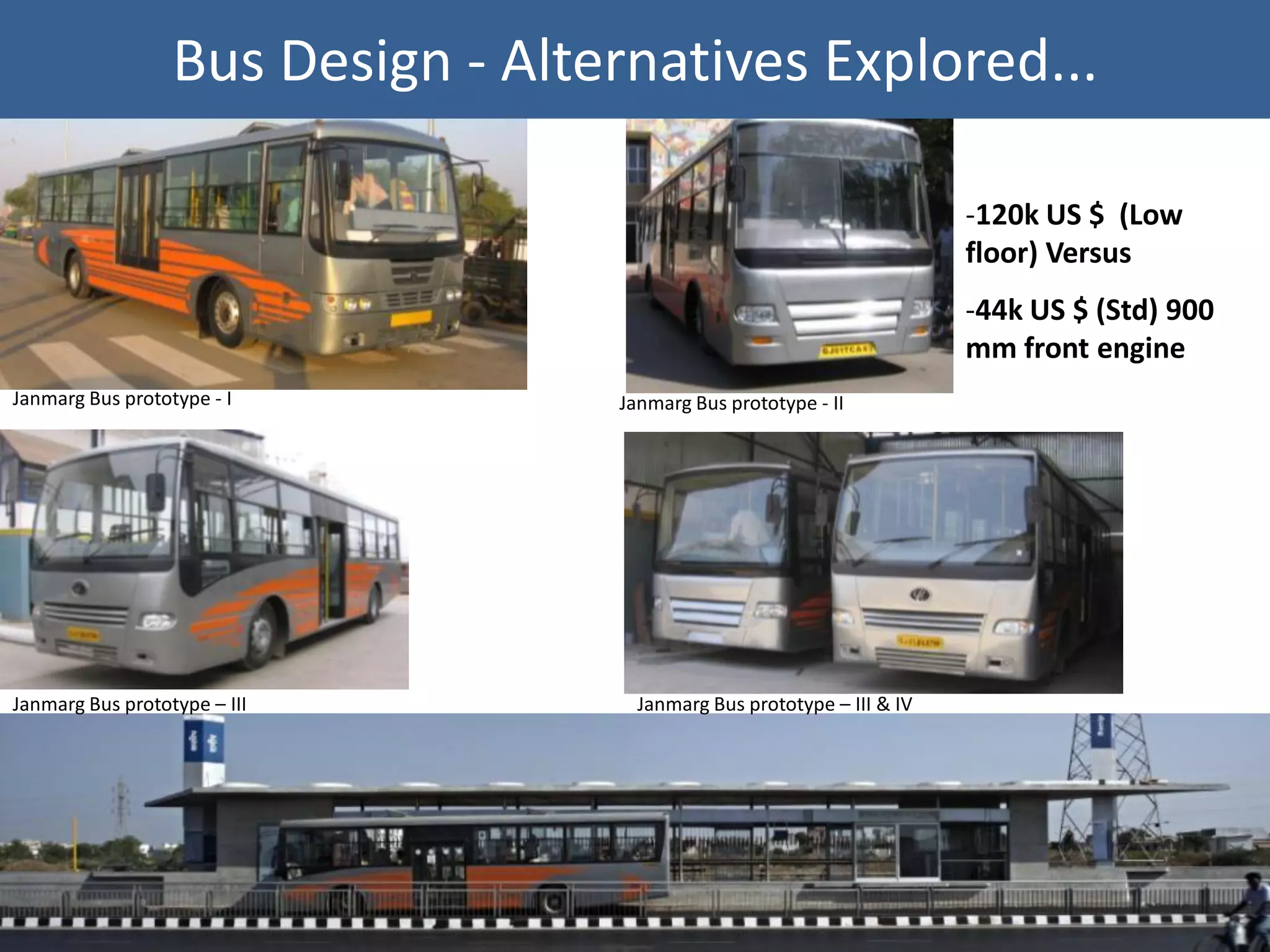 Bus Design - Alternatives Explored...

                                                                        -120k US $ (Low
                                                                        floor) Versus
                                                                        -44k US $ (Std) 900
                                                                        mm front engine
Janmarg Bus prototype - I          Janmarg Bus prototype - II




Janmarg Bus prototype – III          Janmarg Bus prototype – III & IV
 
