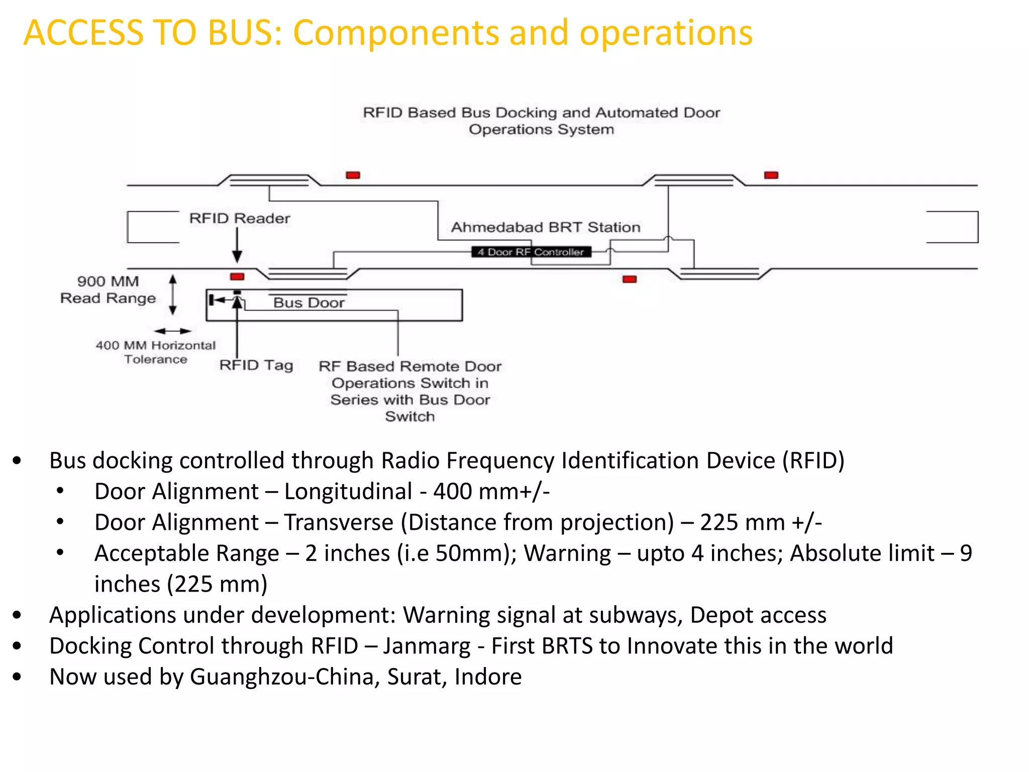 ACCESS TO BUS: Components and operations




•   Bus docking controlled through Radio Frequency Identification Device (RFID)
    • Door Alignment – Longitudinal - 400 mm+/-
    • Door Alignment – Transverse (Distance from projection) – 225 mm +/-
    • Acceptable Range – 2 inches (i.e 50mm); Warning – upto 4 inches; Absolute limit – 9
        inches (225 mm)
•   Applications under development: Warning signal at subways, Depot access
•   Docking Control through RFID – Janmarg - First BRTS to Innovate this in the world
•   Now used by Guanghzou-China, Surat, Indore
 