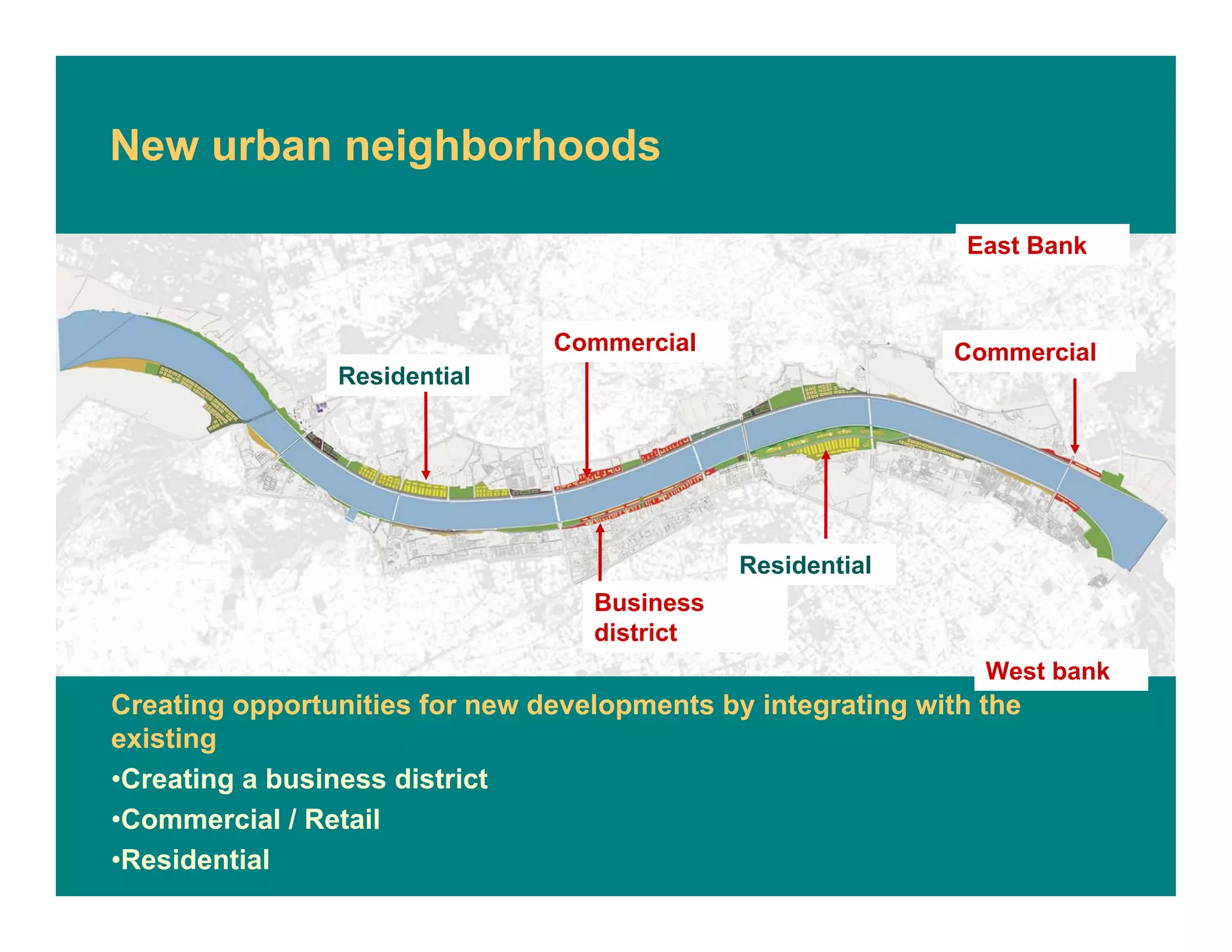 New urban neighborhoods
Creating opportunities for new developments by integrating with the
existing
•Creating a business district
•Commercial / Retail
•Residential
West bank
East Bank
Commercial
Business
district
Residential
Residential
Commercial
 