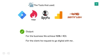 12
Output:
For the business: We achieve 150% + ROI.
For the client: he request to go digital with me .
The Tools that used:
 