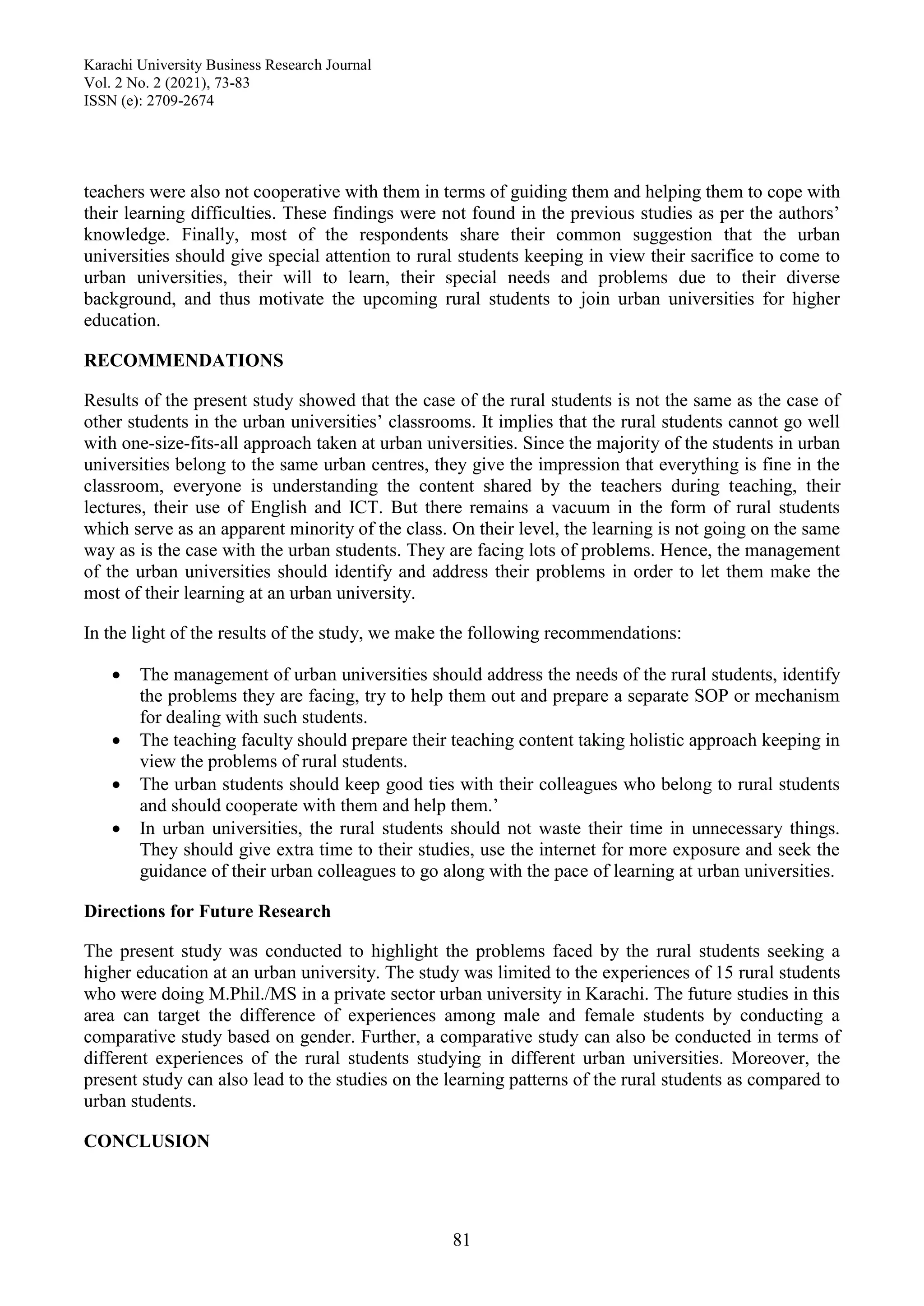 Challenges of Rural Students in Urban Universities | PDF