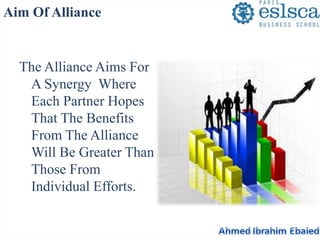 Aim Of Alliance 
The Alliance Aims For 
A Synergy Where 
Each Partner Hopes 
That The Benefits 
From The Alliance 
Will Be Greater Than 
Those From 
Individual Efforts. 
 