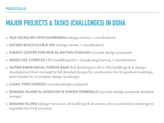 PORTFOLIO
MAJOR PROJECTS & TASKS (CHALLENGES) IN DOHA
▸ OLD SALWA RPS WITH KAHRAMAA (design review + coordination)
▸ KATARA BEACH CLUB & SPA (design review + coordination)
▸ ENERGY CENTRE FOR NEW AL-RAYYAN STADIUM (concept design proposal)
▸ MIXED USE COMPLEX (3D modelling/skin + facade engineering + coordination)
▸ QATARI EMERI NAVAL FORCES BASE (full detailing for all (+160) buildings & & design
development from concept to full detailed design for construction for 8 signature buildings,
team-leader for 2 complex design buildings)
▸ LUSAIL TWIN TOWERS (concept design proposal)
▸ BANANA ISLAND AL SHIEOUKH & WAKRA TERMINALS (concept design proposal, detailed
design)
▸ BANANA ISLAND (design review on all buildings & structures, site coordination meetings to
expedite the D+B process)
 
