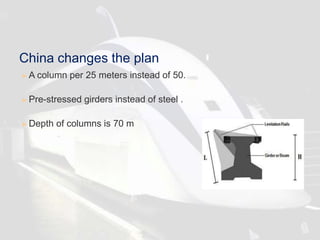  A column per 25 meters instead of 50.
 Pre-stressed girders instead of steel .
 Depth of columns is 70 m
China changes the plan
 