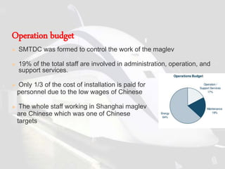 Operation budget
 SMTDC was formed to control the work of the maglev
 19% of the total staff are involved in administration, operation, and
support services.
 Only 1/3 of the cost of installation is paid for
personnel due to the low wages of Chinese
 The whole staff working in Shanghai maglev
are Chinese which was one of Chinese
targets
 