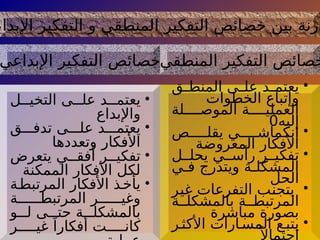 ‫المنطقي‬ ‫التفكير‬ ‫خصائص‬
‫اإلبداعي‬ ‫التفكير‬ ‫خصائص‬
•
‫ل‬ ‫التخي‬ ‫ى‬ ‫عل‬ ‫د‬ ‫يعتم‬
‫واإلبداع‬
•
‫ق‬ ‫تدف‬ ‫ى‬ ‫عل‬ ‫د‬ ‫يعتم‬
‫وتعددها‬ ‫األفكار‬
•
‫يتعرض‬ ‫ي‬ ‫أفق‬ ‫ر‬ ‫تفكي‬
‫الممكنة‬ ‫األفكار‬ ‫لكل‬
•
‫ة‬‫المرتبط‬ ‫األفكار‬ ‫ذ‬‫يأخ‬
‫ة‬ ‫المرتبط‬ ‫ر‬ ‫وغي‬
‫و‬ ‫ل‬ ‫ى‬ ‫حت‬ ‫ة‬ ‫بالمشكل‬
‫ر‬ ‫غي‬ ً‫أفكارا‬ ‫ت‬ ‫كان‬
•
‫ق‬ ‫المنط‬ ‫ى‬ ‫عل‬ ‫د‬ ‫يعتم‬
‫الخطوات‬ ‫وإتباع‬
‫لة‬ ‫الموص‬ ‫ة‬ ‫العملي‬
‫إليه‬
0
•
‫ص‬ ‫يقل‬ ‫ي‬ ‫انكماش‬
‫المعروضة‬ ‫األفكار‬
•
‫ل‬ ‫يحل‬ ‫ي‬ ‫رأس‬ ‫ر‬ ‫تفكي‬
‫ي‬ ‫ف‬ ‫ويتدرج‬ ‫ة‬ ‫المشكل‬
‫الحل‬
•
‫غير‬ ‫التفرعات‬ ‫يتجنب‬
‫ة‬ ‫بالمشكل‬ ‫ة‬ ‫المرتبط‬
‫مباشرة‬ ‫بصورة‬
•
‫ر‬‫األكث‬ ‫ارات‬‫المس‬ ‫ع‬‫يتب‬
ً
‫اإلبداع‬ ‫التفكير‬ ‫و‬ ‫المنطقي‬ ‫التفكير‬ ‫خصائص‬ ‫بين‬ ‫ارنة‬
 