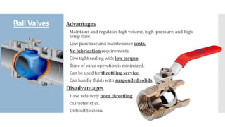 Ball Valves Advantages
- Maintains and regulates high volume, high pressure, and high
temp flow.
- Low purchase and maintenance costs.
- No lubrication requirements.
- Give tight sealing with low torque.
- Time of valve operation is minimized.
- Can be used for throttling service.
- Can handle fluids with suspended solids.
Disadvantages
- Have relatively poor throttling
characteristics.
- Difficult to clean.
 