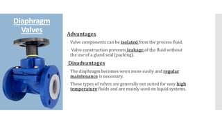 Diaphragm
Valves Advantages
- Valve components can be isolated from the process fluid.
- Valve construction prevents leakage of the fluid without
the use of a gland seal (packing).
Disadvantages
- The diaphragm becomes worn more easily and regular
maintenance is necessary.
- These types of valves are generally not suited for very high
temperature fluids and are mainly used on liquid systems.
 